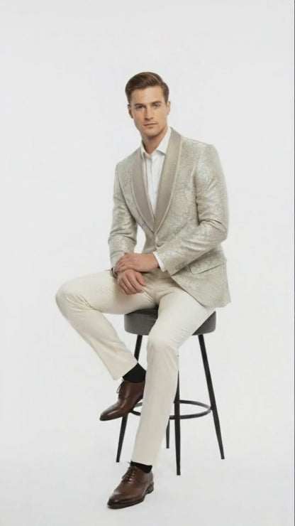 Men’s Champaign Silver and Cream Embroidered Luxury Blazer – Floral Pattern Wedding & Party Dinner Jacket in Light Tan Color