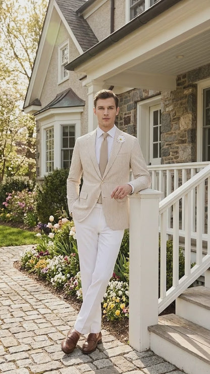 Mens Beige Seersucker Blazer – Lightweight Striped Summer Sport Coat Casual Smart Formal Jacket