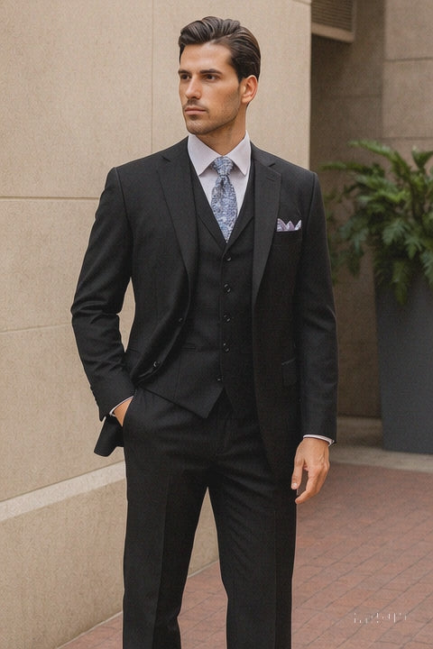 Mens Classic 3 Button Vested Dress Suit in Black