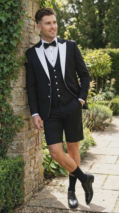 Men’s Black and White Tuxedo Shorts Suit – Modern Formal Tuxedo with Short Pants for Wedding, Party and Special Events