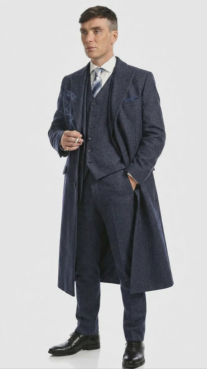 Men’s Navy Blue Herringbone Tweed  1920s 3 Piece Suit with Overcoat – Vintage Peaky Blinder Style Formal Suit Set with Blazer, Waistcoat + Overcoat + Hat