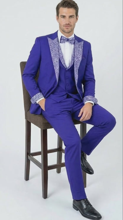 Men’s Purple and white sivler lapel  Embellished Tuxedo Suit –  Formal Wedding, Prom, and Gala Outfit Mardi Gras