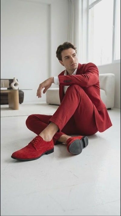 Men’s Red Suede Tuxedo Dress Shoes | Formal Lace-Up Wingtip Shoes for Wedding, Prom & Party - Velvet Shoe