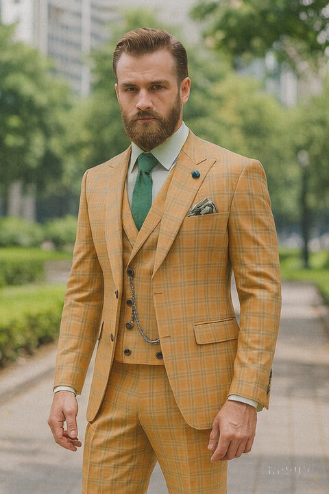 Men’s Yellow Plaid 3-Piece Suit with Vest – Stylish Formal Wear