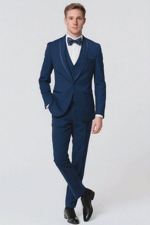 Men’s Navy Blue with Blue Trim Three-Piece Tuxedo with Satin Shawl Lapel and Bow Tie Wedding Suit