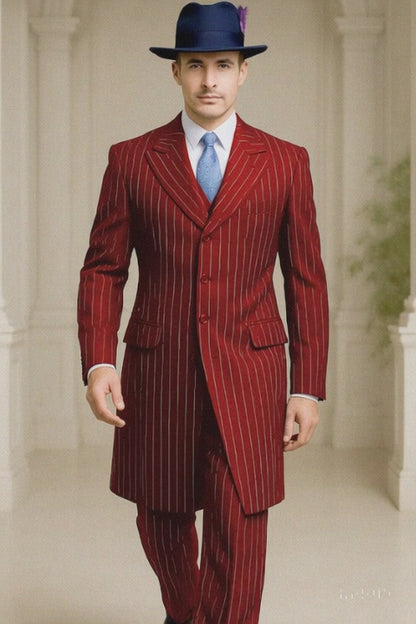 Mens Red Pinstripe Suit – Classic Long Coat Style with White Stripes