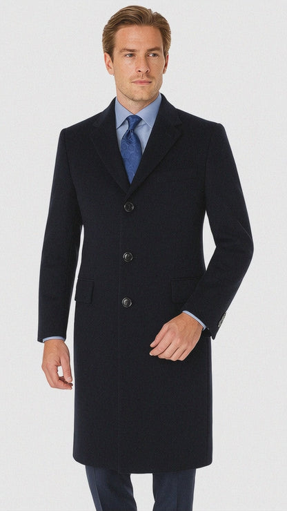Pure Wool Full-Length Men’s Navy Overcoat – Classic Winter Dress Coat