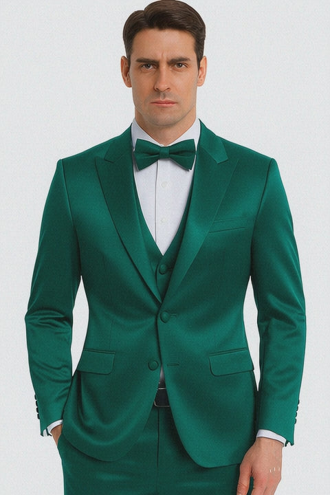 Men's Green Satin Double Breasted 3-Piece Suit with Peak Lapel Vest and Matching Bowtie – Tazzio Slim Fit Formalwear