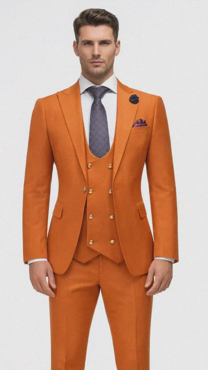 Rossiman Men's Rust Slim Fit Suit – 3-Piece Set with Double-Breasted Vest & Flat Front Pants
