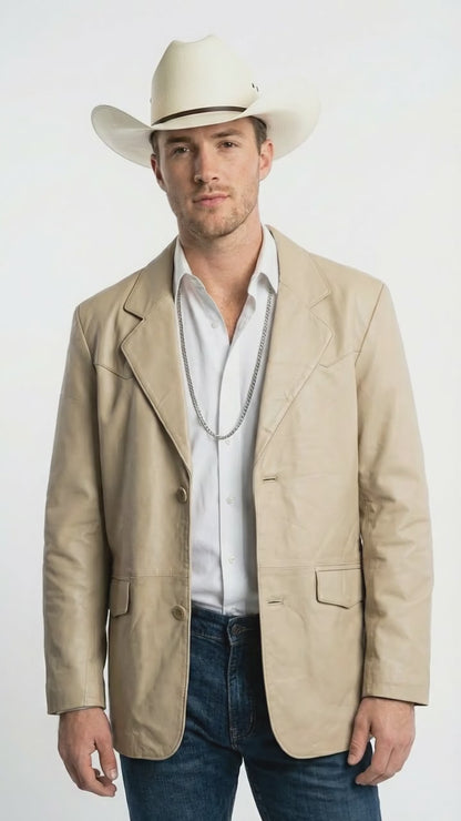 Mens Beige Sand Bone Real Leather Cowboy Western Blazer – Classic Western Style Leather Jacket Casual Formal Ranch Coat for Men