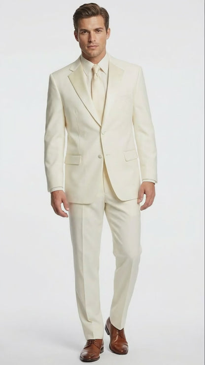 Men’s Ivory Tuxedo Suit with Satin Notch Lapel – Formal Wedding and Evening Wear Suit in Cream Off White Color