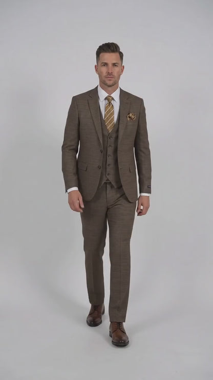 Men's Great Gatsby Brown Checker Plaid Texture 3-Piece Suit – Classic Fit Business, Wedding & Formal Suit Set - Victorian style 1920s