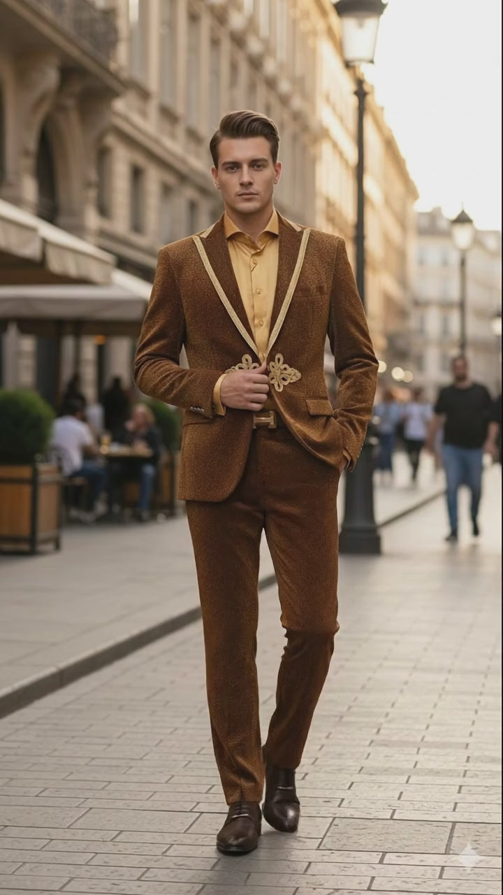 Mens Bronze Shiny Velvet Suit – Designer Party and Wedding Wear Blazer and Pant Set Brown and Gold Tuxedo