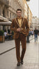 Mens Bronze Shiny Velvet Suit – Designer Party and Wedding Wear Blazer and Pant Set Brown and Gold Tuxedo
