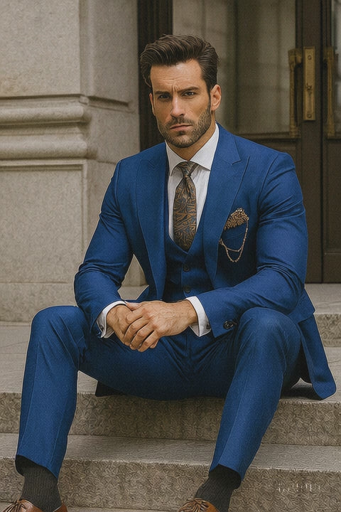 Men’s Royal Blue 3-Piece Suit with Vest and Chain – Modern Formal Wear