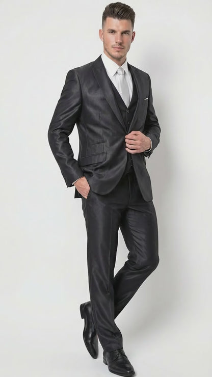 Men’s Black Three Piece Suit – Modern Fit 3PC Formal Suit with Vest for Wedding, Prom and Business Events Sharkskin Shiny Fabric