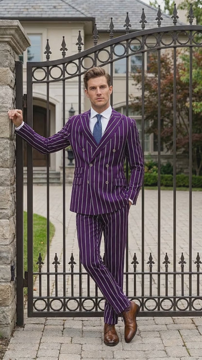 Men’s Dark Purple Pinstripe Double Breasted 1920s Gangster Suit, Vintage Formal Dress Suit