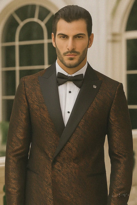 Bronze Double Breasted Rough Streak Pattern Satin Peak Lapel Stacy Adams Men's Jacket