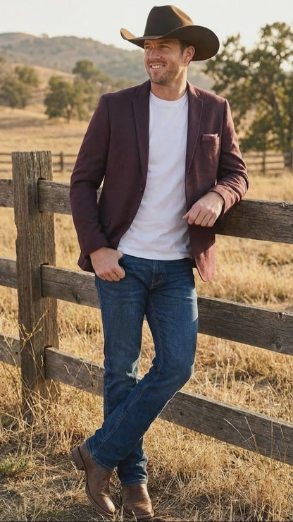 Men’s Burgundy Western  Blazer Jacket, Textured Cowboy Style Sport Coat for  - Tweed Herringbone Maroon Color