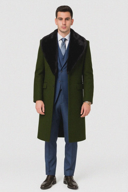 Overcoat ~ Long men's Dress Topcoat - Winter coat With Fur Collar Dark Olive And Wool Fabric