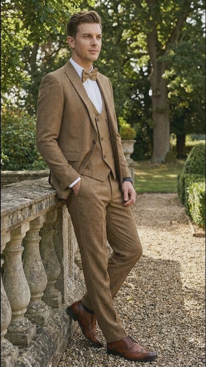 Mens Mocca Brown Taupe textured 1920s Great Gatsby Inspired Suit – Vintage Three Piece Retro Formal Suit Peak Lapel