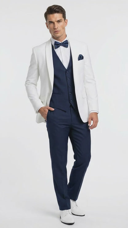 Men’s White and Navy blue tuxedo  3 Piece Suit – Classic White Blazer with Navy Vest and Pants for Wedding, Party + Bowtie