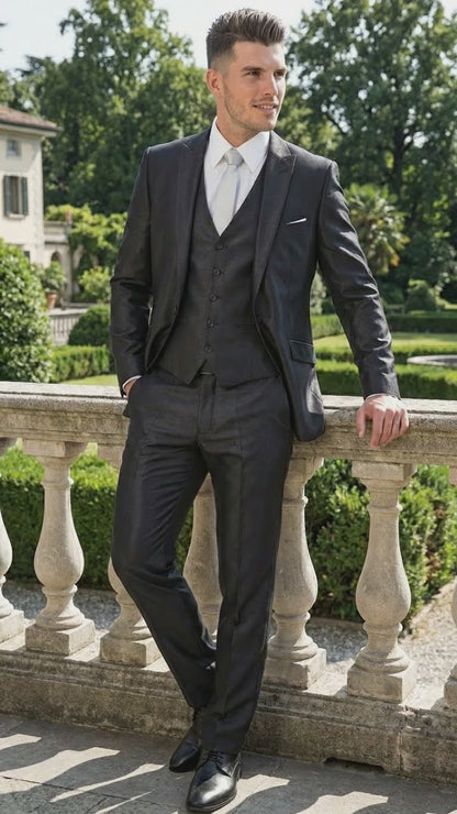 Men’s Black Three Piece Suit – Modern Fit 3PC Formal Suit with Vest for Wedding, Prom and Business Events Sharkskin Shiny Fabric