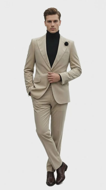 Mens Sand Beige Velvet Tuxedo Suit – 2 Piece Slim Fit Blazer and Pants Formal Set - Winter Fabric Natural Color