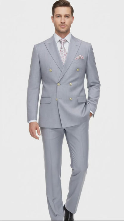 Mens Silver Grey Double-Breasted 3-Piece Suit – Classic Tailored Fit with Peak Lapel and Gold Buttons for Weddings, Church and Formal Events