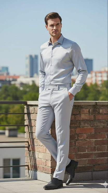 Men’s Silver Satin Dress Shirt and Pants Set – Luxury Slim Fit Outfit for Parties, Weddings, and Formal Events