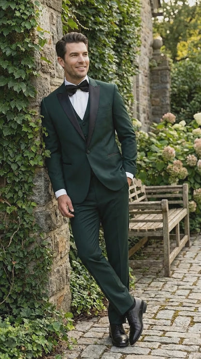 Men’s Hunter Green Tuxedo Suit 3 Piece – One Button Peak Lapel Designer Formal Suit for Wedding,  Light Weight Wool By Statement Dark Green