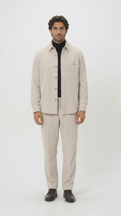 Men's Corduroy Shirt and Pants Walking Suit in Winter Cotton Fabric Casual in Color Shell Tan Sand Natural leisure Style
