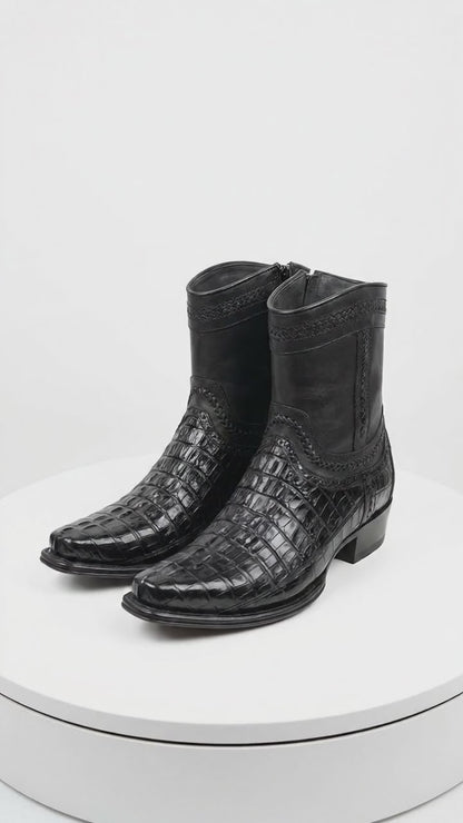 Men’s Los Altos Black Caiman Tail Short Cowboy Boots, Western Dress Boots