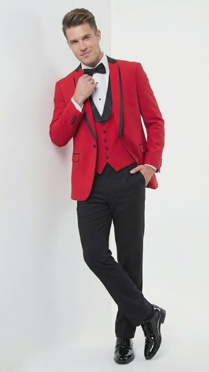 Mens Red and Black Tuxedo – Three Piece Formal Suit with Satin Shawl Lapel for Wedding and Prom