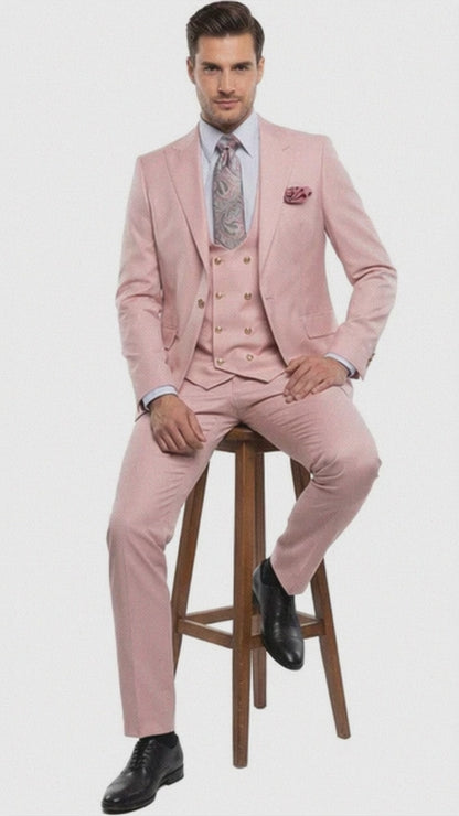 Rossiman Men's Slim Fit Pink Suit – Elegant Double-Breasted Vest & Tailored Flat Front Pants