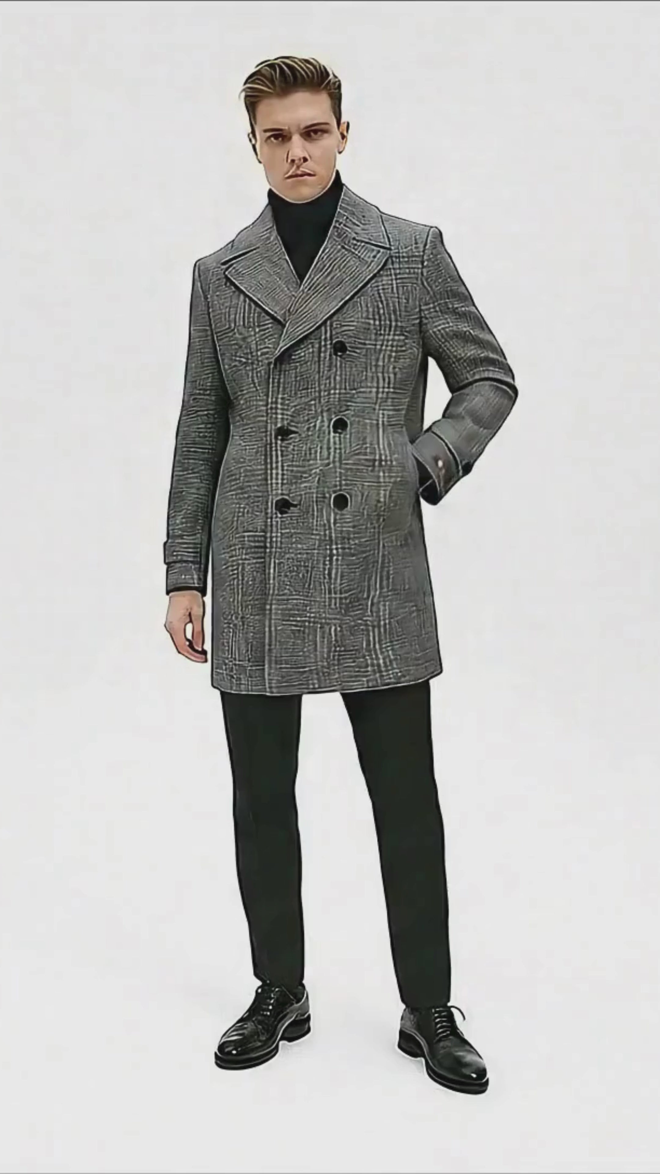 Mens Grey Plaid Double-Breasted Overcoat with Black Faux Fur Collar – Classic Winter Peacoat