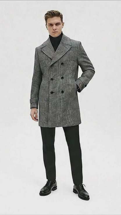 Mens Grey Plaid Double-Breasted Overcoat with Black Faux Fur Collar – Classic Winter Peacoat