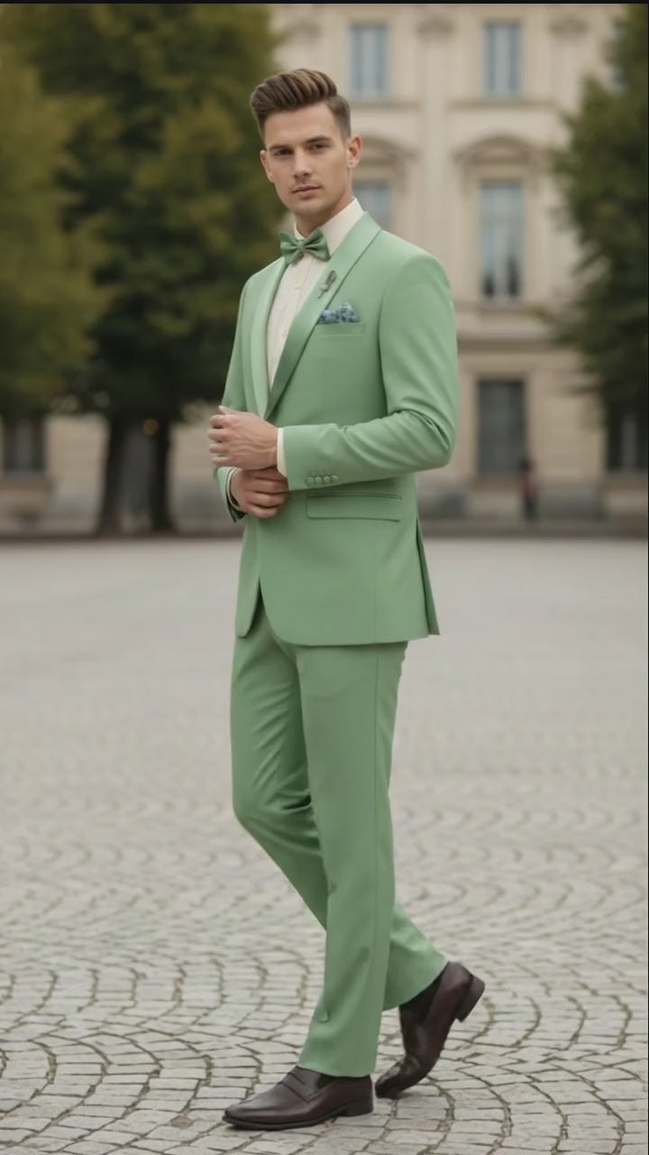 Men’s Mint Green Tuxedo – 2-Piece Formal Suit with Satin Shawl Lapel and Matching Bow Tie in  Sage Green
