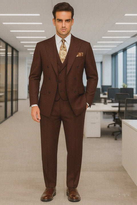 Double Breasted Suits - Vested Suits Wool Fabric - Apolo King Brand - Solid Brown Suit