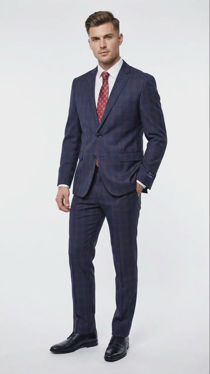 Men’s Navy Blue and Burgundy Checkered Two-Piece Suit Plaid Windowpane – Flat Front Pants or Pleated Wide Leg Pants - 100% Wool