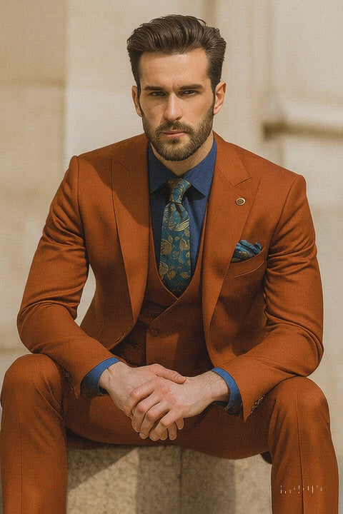 Men’s Burnt Orange 3-Piece Suit with Vest – Stylish Formal Wear