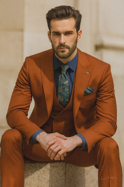Men’s Burnt Orange 3-Piece Suit with Vest – Stylish Formal Wear