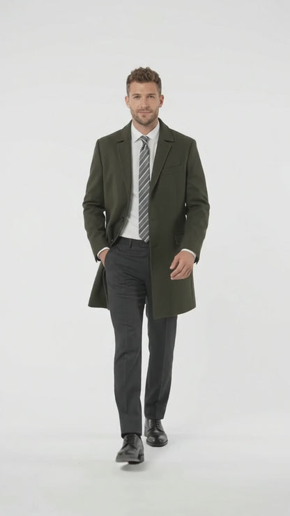 Men's Olive Green Wool Car Coat – Classic Mid-Length Three-Quarter Dress Overcoat for Men