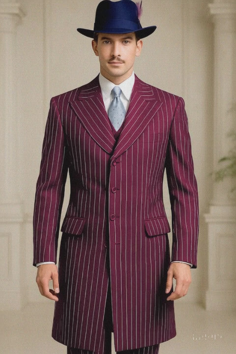 Mens Burgundy Pinstripe Suit – Classic Long Coat Style with White Stripes
