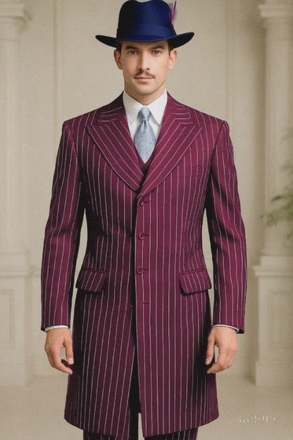 Mens Burgundy Pinstripe Suit – Classic Long Coat Style with White Stripes