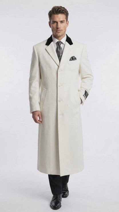 Men's White Cashmere Wool Chesterfield Full-Length Overcoat – Luxury Long Winter Dress Coat with Black Velvet Collar