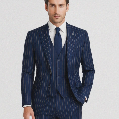 Men's Dark Navy Blue ~ White Mars Vested Peak Lapel Gangster Bold PinStripe Suit
