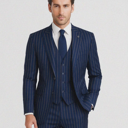 Men's Dark Navy Blue ~ White Mars Vested Peak Lapel Gangster Bold PinStripe Suit