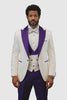 Hilton White and Purple Paisley Peak Lapel Tuxedo Jacket with Matching Shawl Vest and Wool Pants – Includes Bow Tie