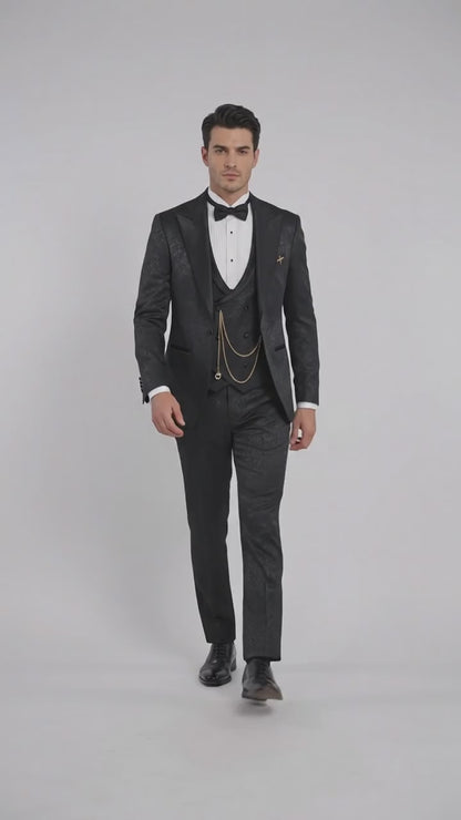 Mens Paisley Black Prom Tuxedo – 3-Piece Wedding Suit with Satin Peak Lapel & Double-Breasted Vest